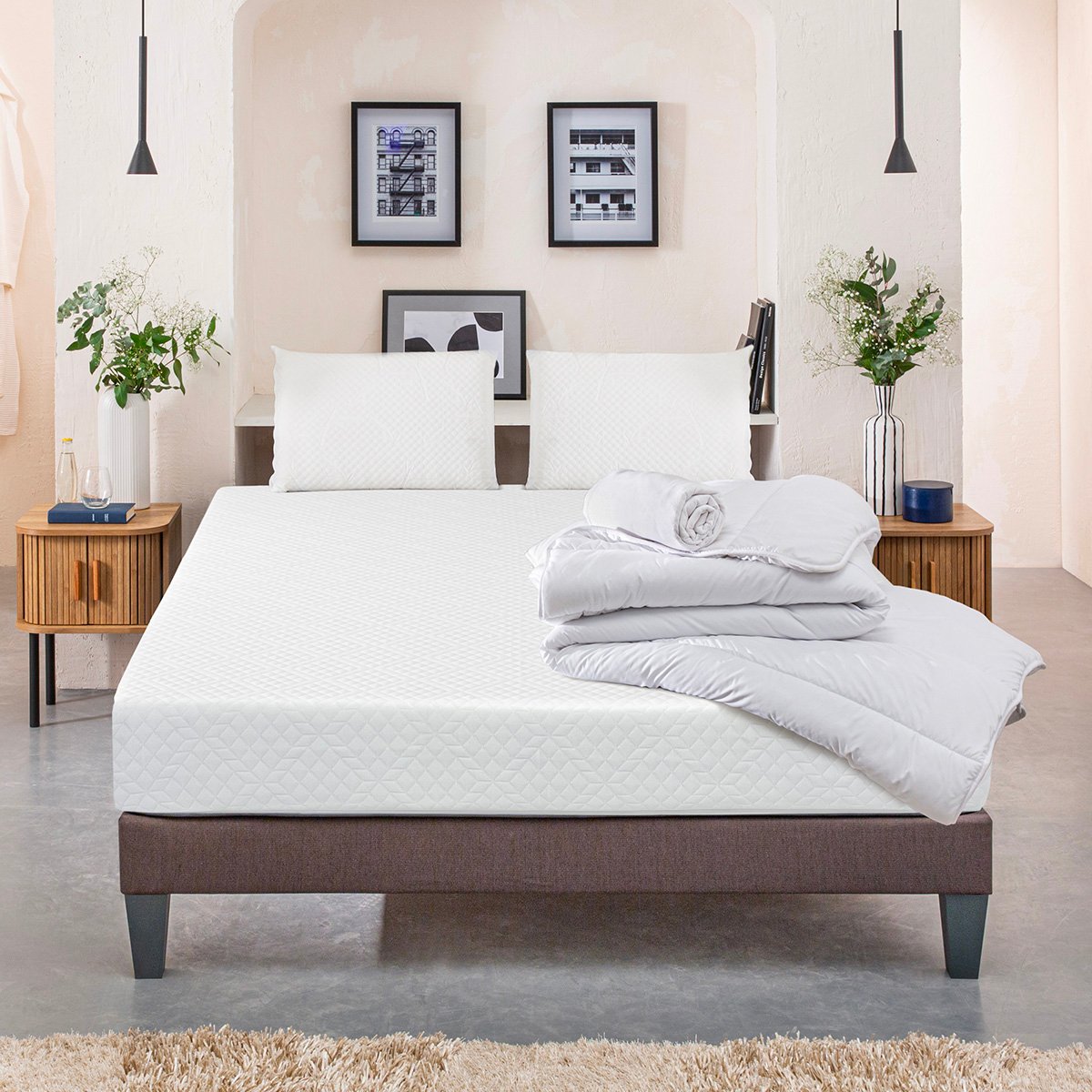 Pack Absolu 90x200 cm Matelas Mousse + Sommier Bois + Accessoires blanc, BELLECOUR