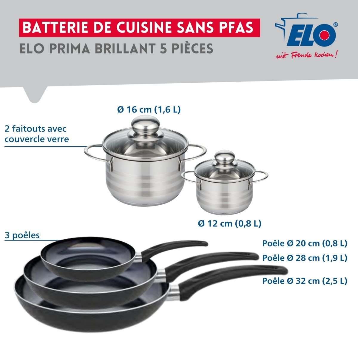 Batterie 3 poêles 20/28/32cm + 2 faitouts 12/16cm PRIMA BRILLANT noir, ELO