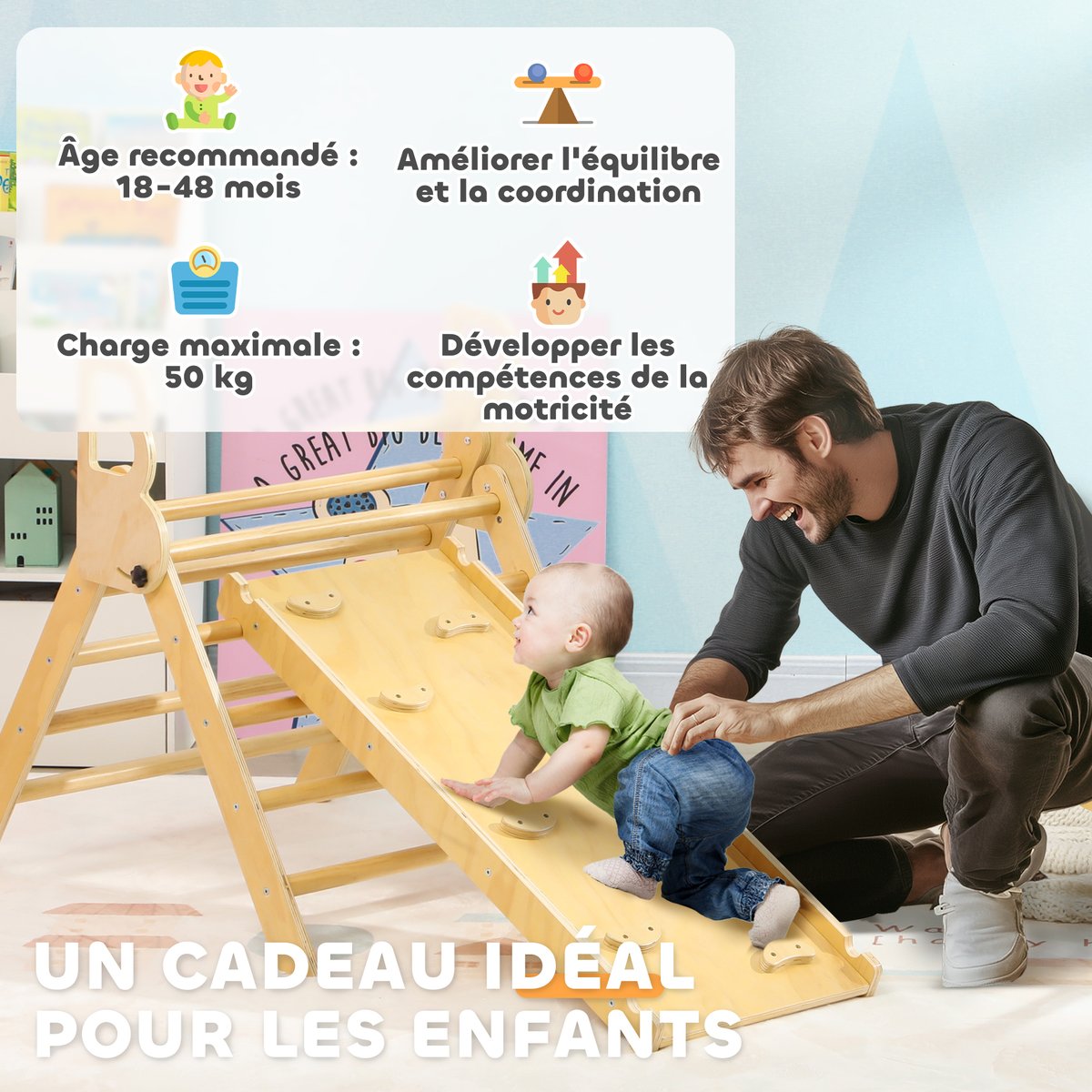Parcours d'escalade pour enfants Panneau bois naturel, AIYAPLAY