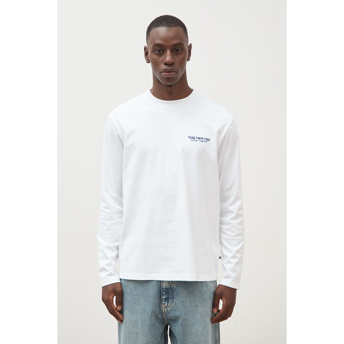T-shirt droit en coton manches longues blanc, BONOBO
