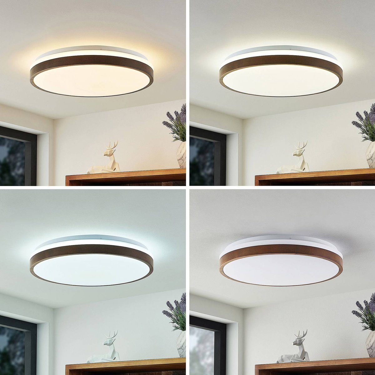Plafonnier en bois moderneLED, Hudsona blanc, bois foncé, LINDBY