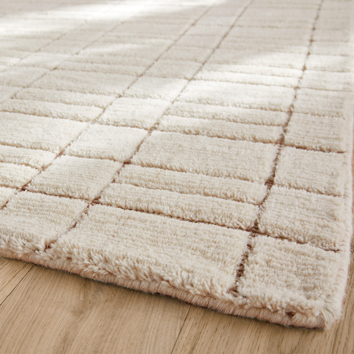 Tapis quadrillé en pure laine, noué main, Mondria ecru, AM.PM