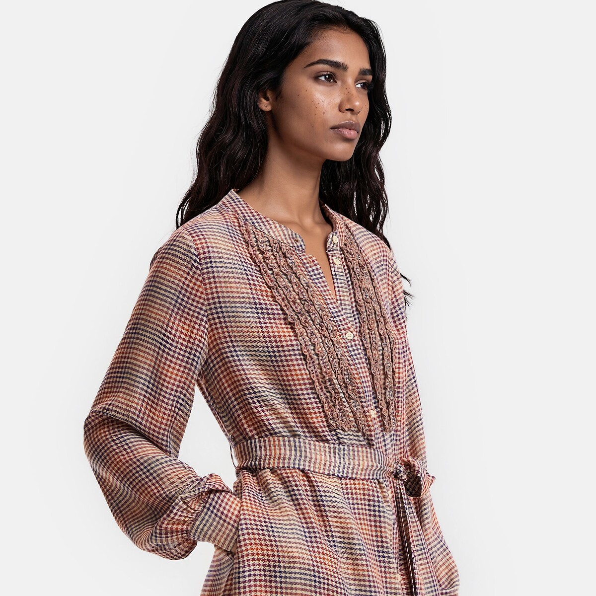 Robe-chemise longue, à carreaux et volants, manches longues carreaux, LA REDOUTE COLLECTIONS