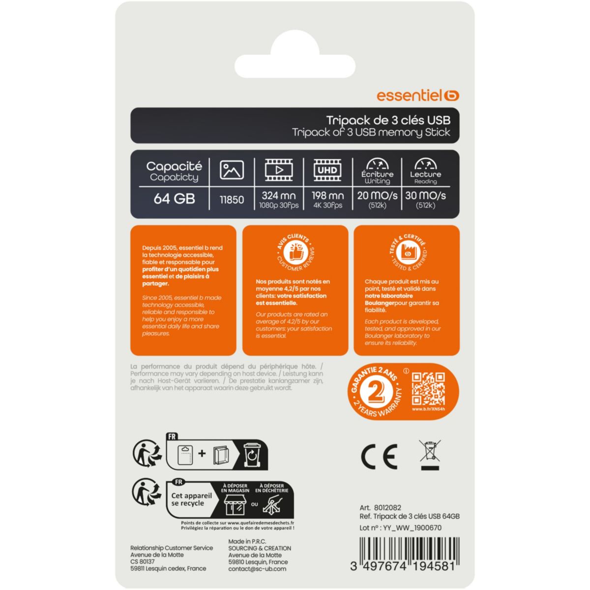 Clé USB Essentiel B CLE USB Tripack x 3 64Go couleur unique, ESSENTIEL B