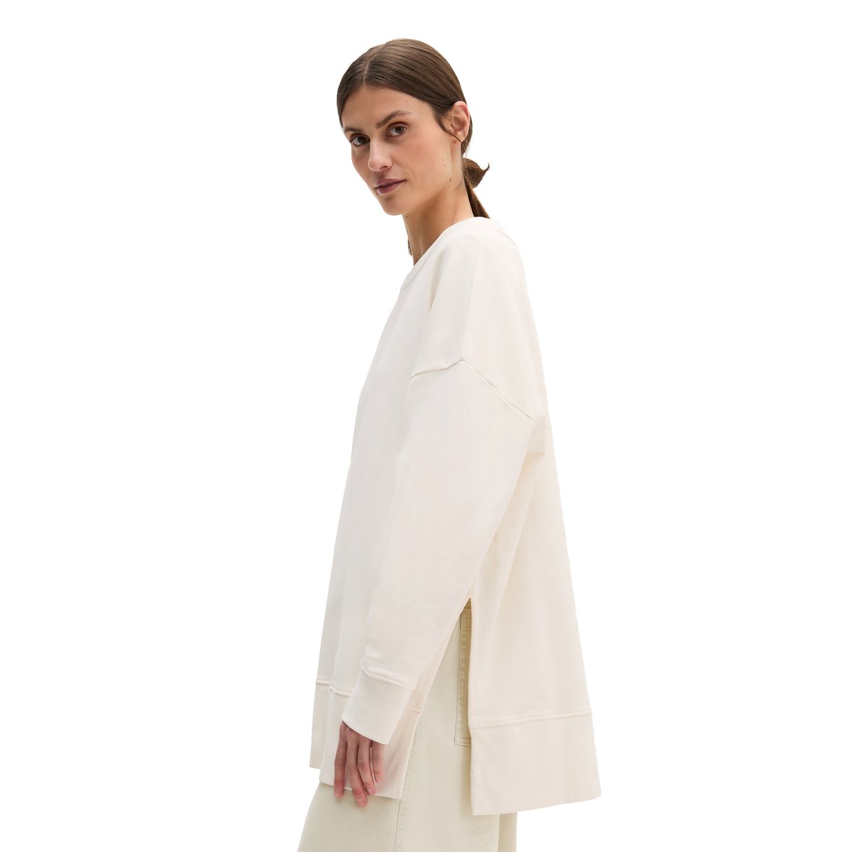 Logo-Sweatshirt loose en coton organique blanc naturel, MARC O'POLO