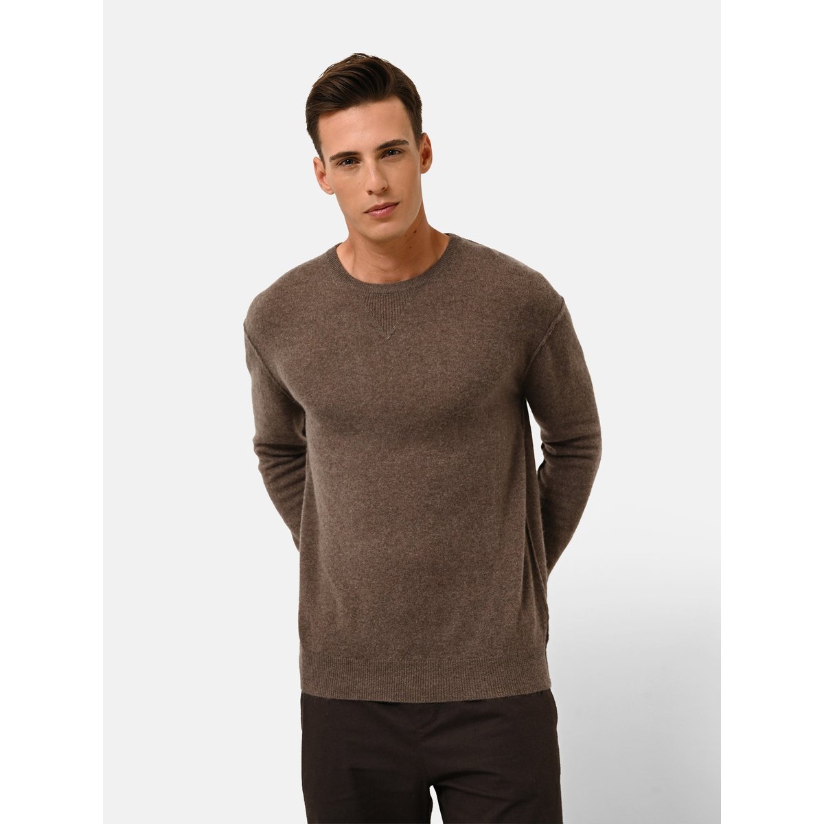 Pull Col Rond Taupe Chiné Noe marron chiné, JUST CASHMERE