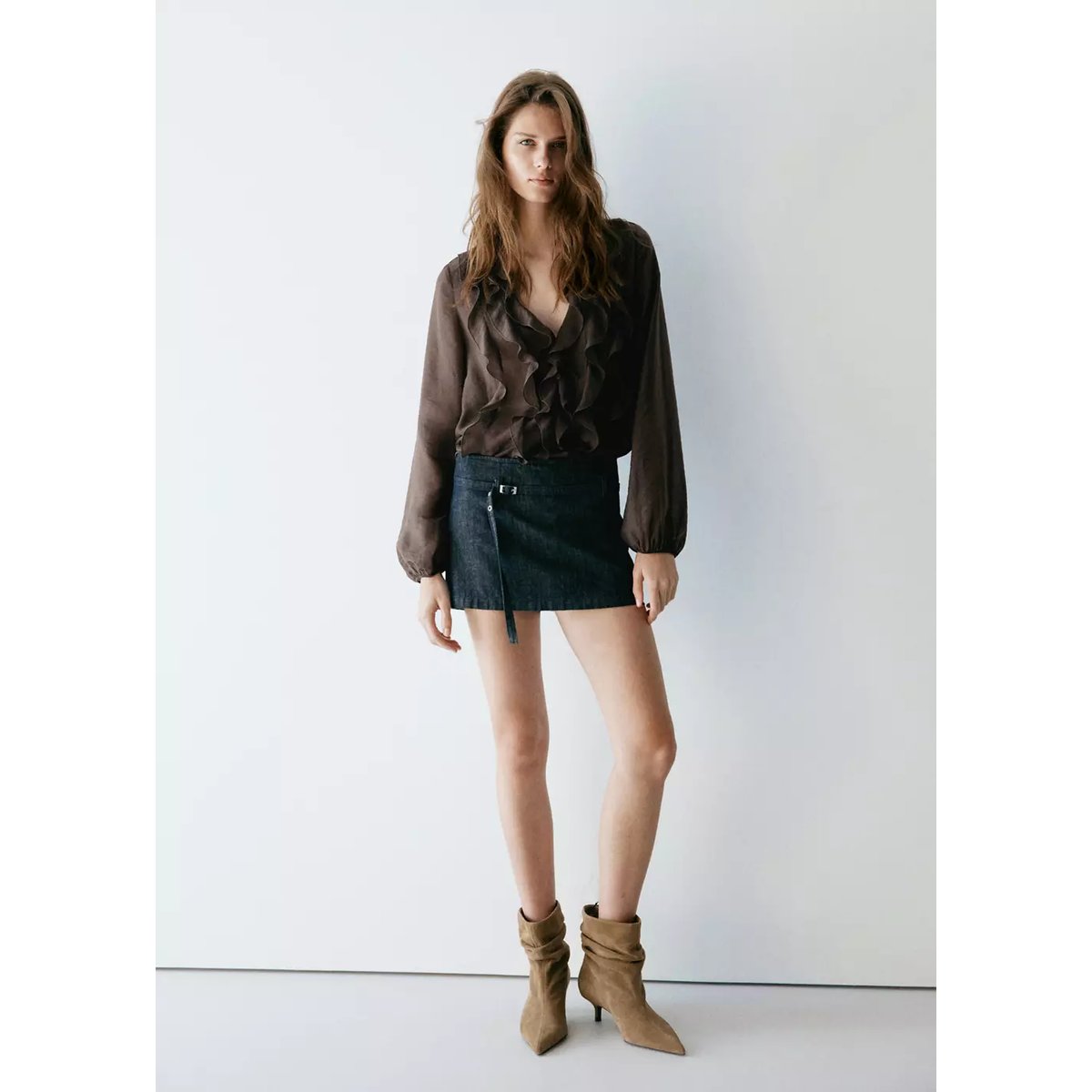 Blouse Lyocell volants marron, MANGO