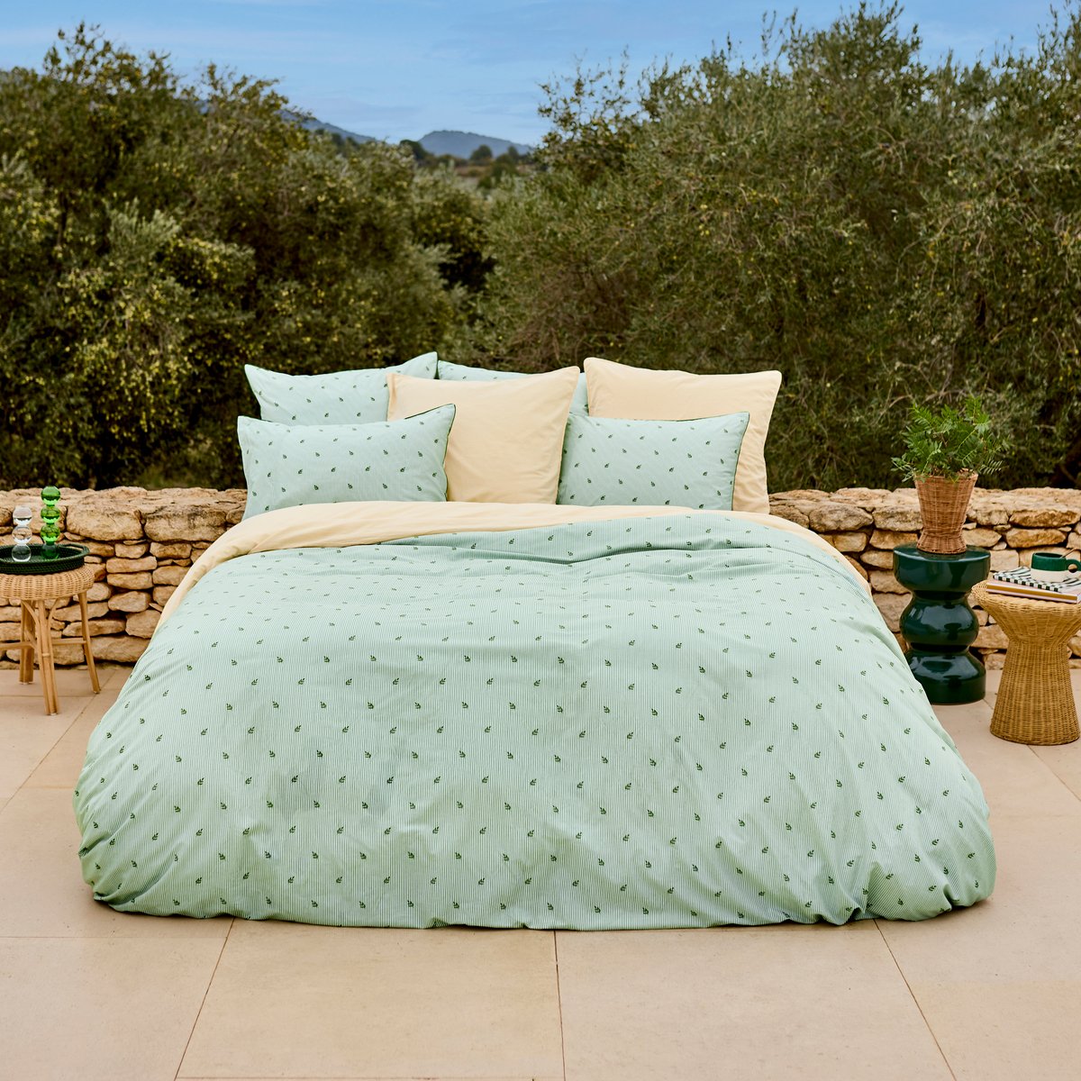 Housse de couette percale de coton GRASSE imprimé, CARRE BLANC