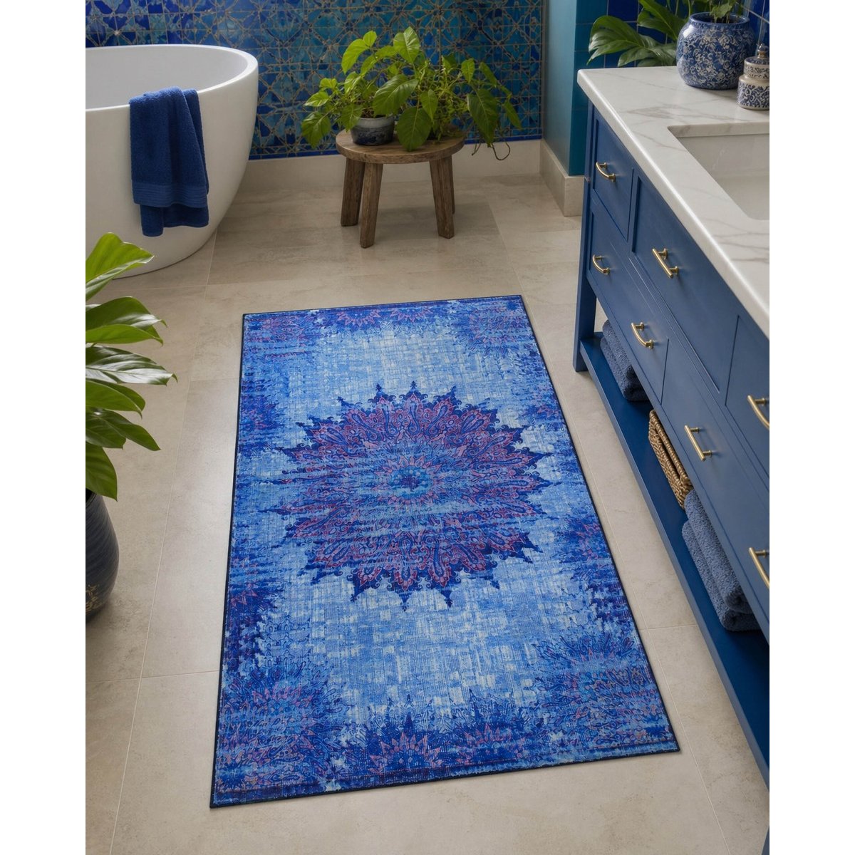 Tapis de bain WECONhome Healing, design vintage oriental, dos TPR antidérapant, lavable 30 °C, certifié OEKO-TEX® ,  Healing bleu multicolore, WECON HOME
