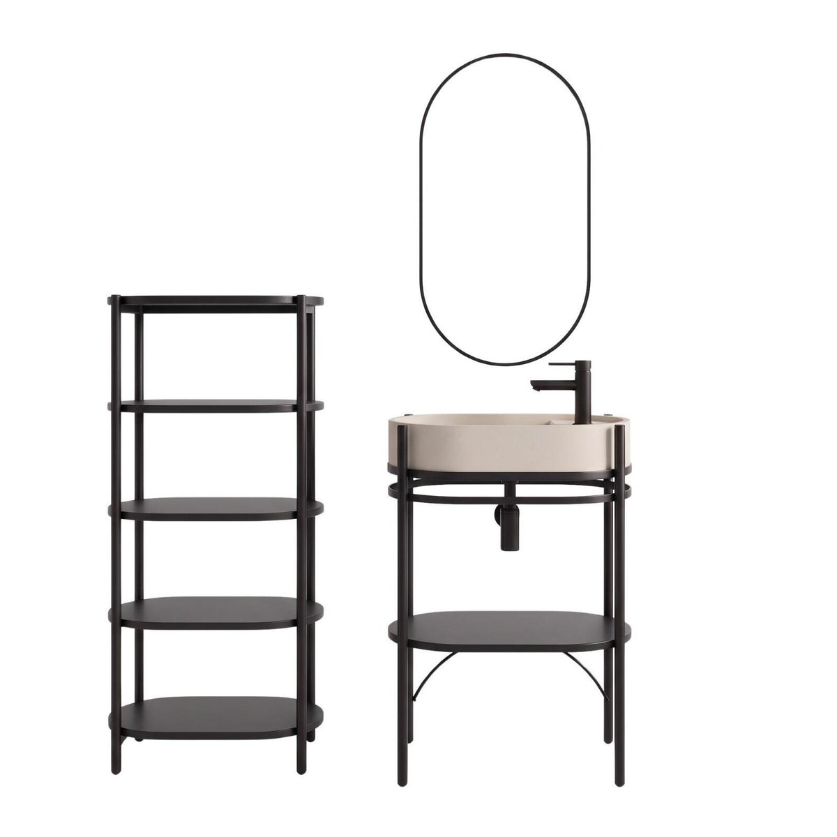 Meuble simple vasque sur pieds 55cm en métal noir et vasque béton et robinet noir, miroir et colonne beige, MOB IN