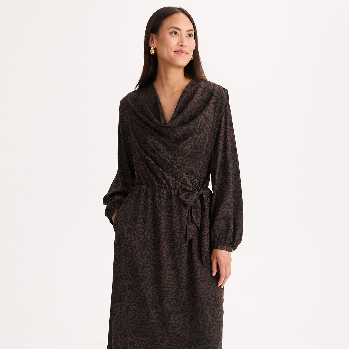 Robe fluide longueur midi, manches longues, imprimée imprimé animalier, ANNE WEYBURN