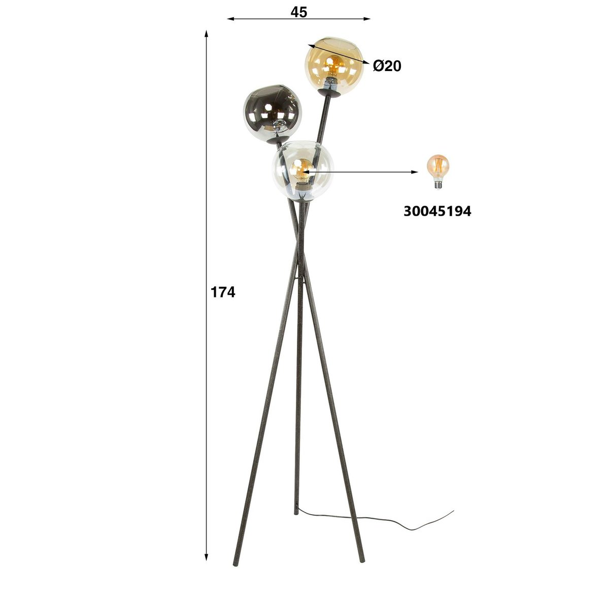 Lampadaire design en verre – torche 3 couleurs NIAGARA chrome, PIER IMPORT