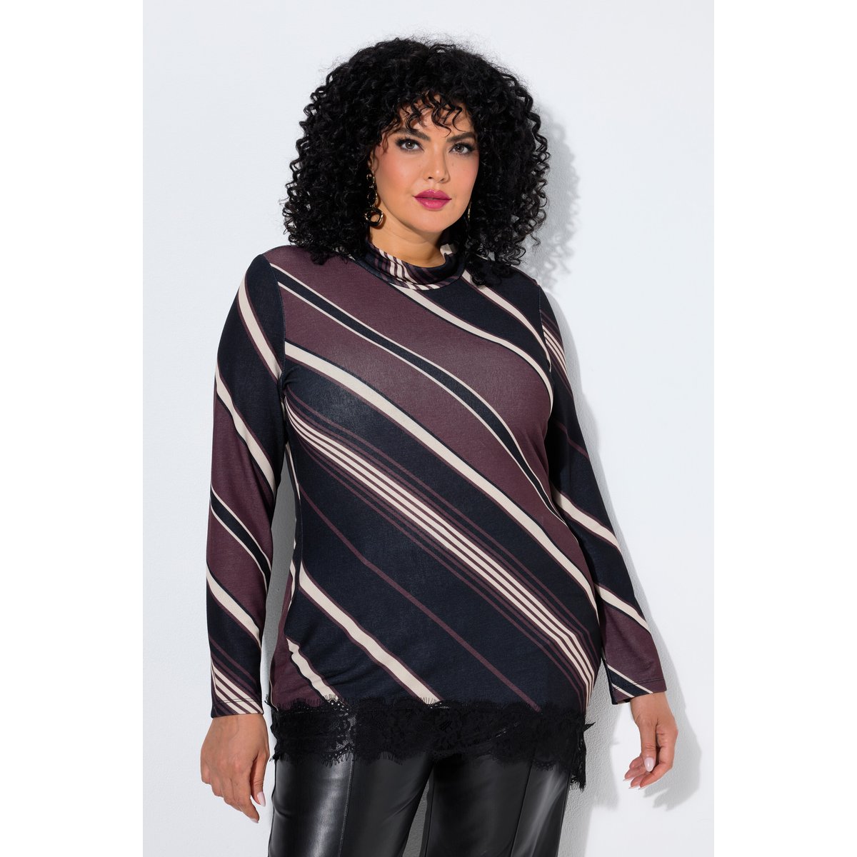 T-shirt rayé avec dentelle marron, ULLA POPKEN