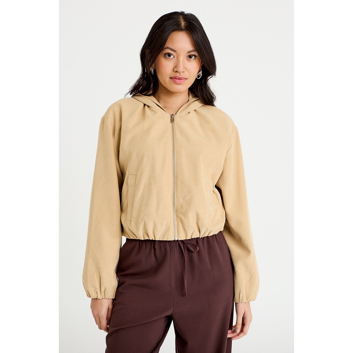 Veste cropped à capuche manches longues beige, CACHE CACHE