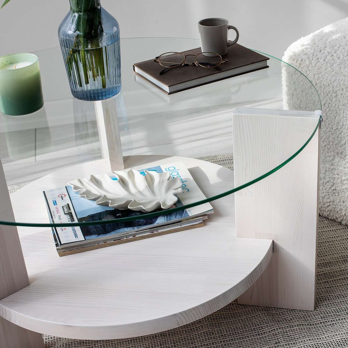 Table basse ronde 1 étagère en verre et bois massif AURÉLINE blanc, TOILINUX