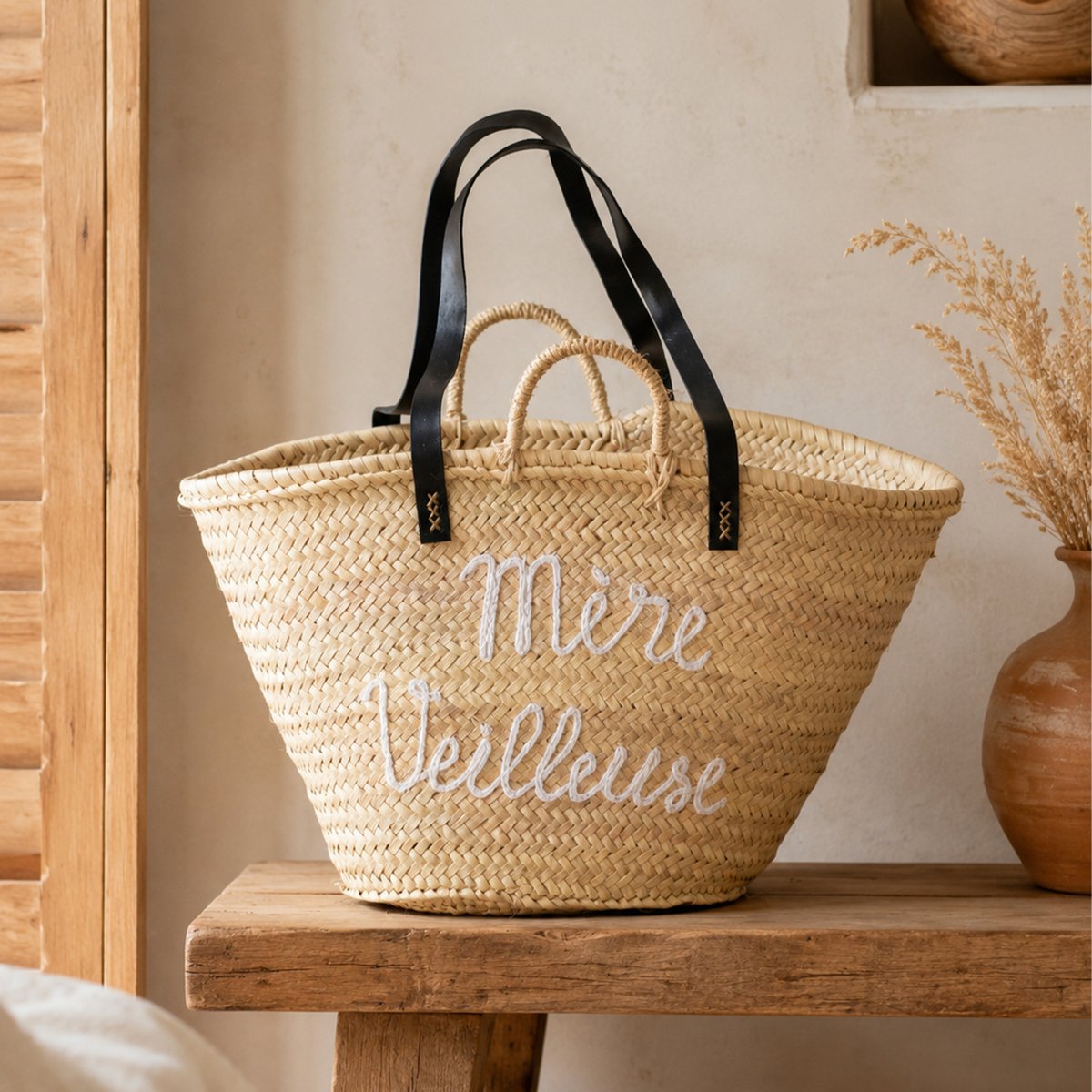 Panier tressé avec anses en cuir MERE VEILLEUSE - LOJI blanc, HOME MAISON