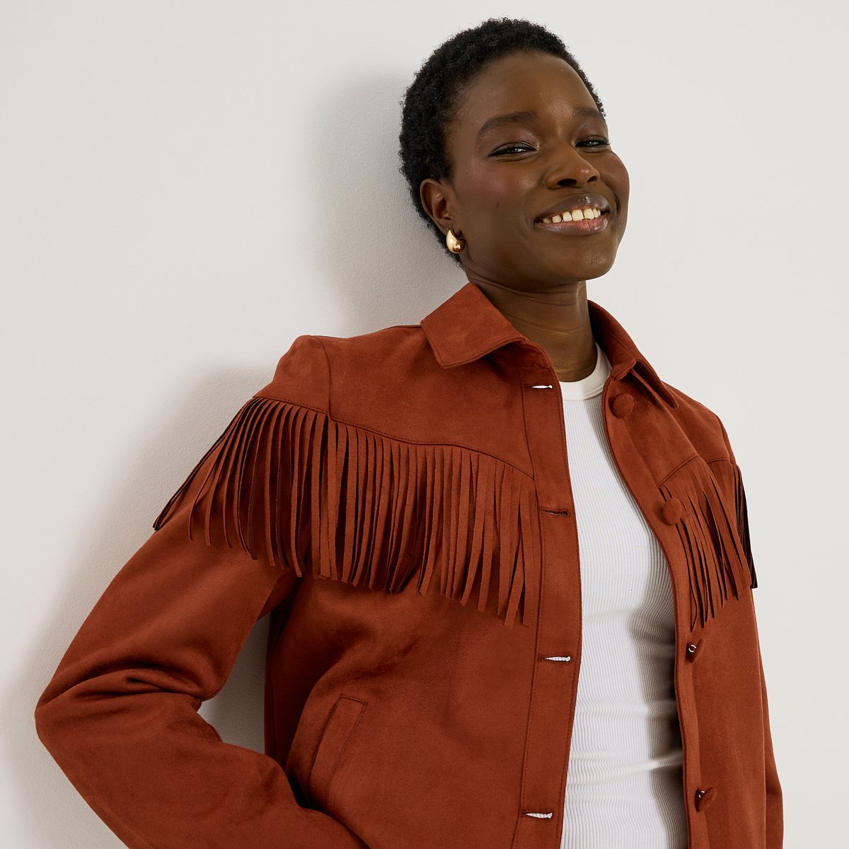 Veste courte en suédine à franges orange bordeaux, GRAIN DE MALICE