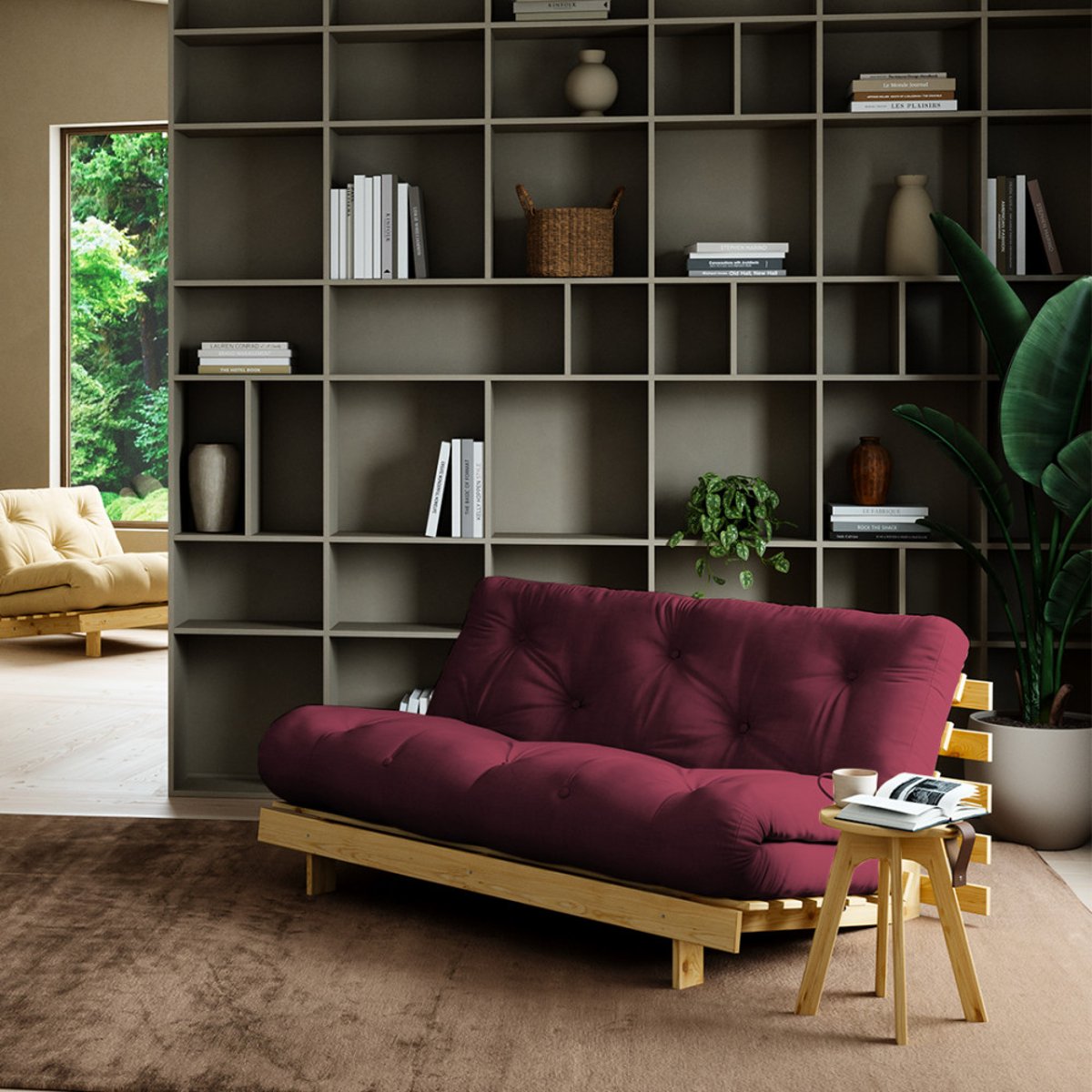 Canapé convertible 160x200cm en bois naturel et tissu- ROOTS bordeaux, KARUP DESIGN