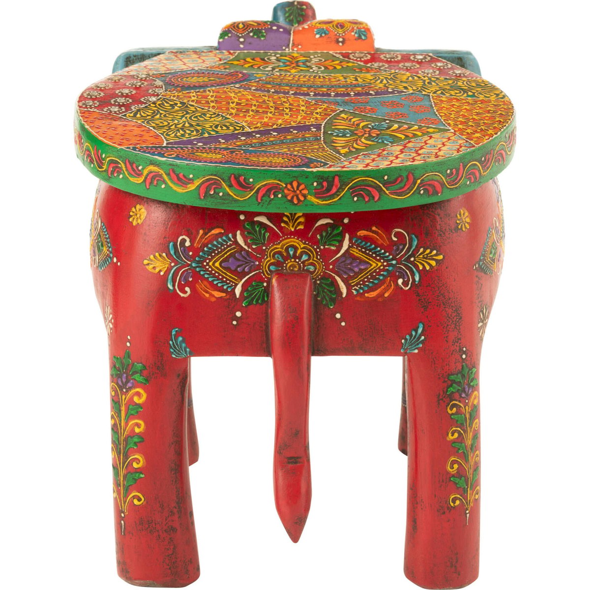 Tabouret éléphant en bois de manguier peint rectangulaire multicolore motifs indiens artisanaux, RECOLLECTION