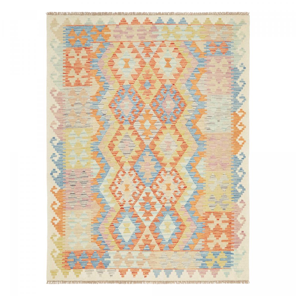 Tapis kilim, motif géométrique artisanal en laine, KILIM 85 multicolore, bleu, orange, UN AMOUR DE TAPIS