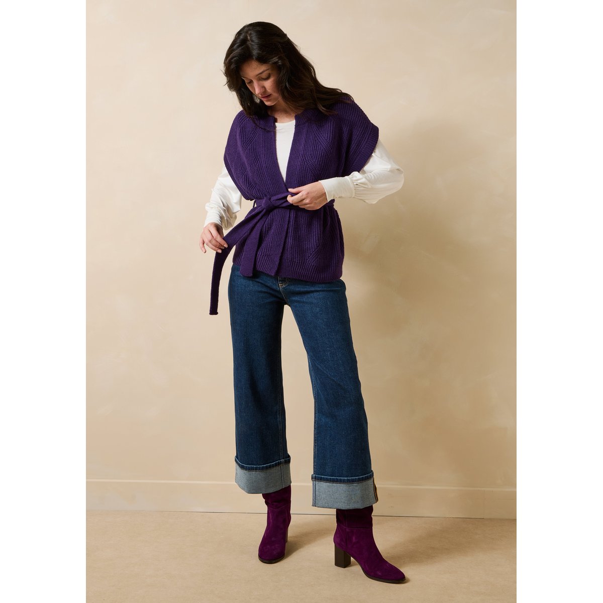 Gilet manches courtes col rond cassis, LA FEE MARABOUTEE