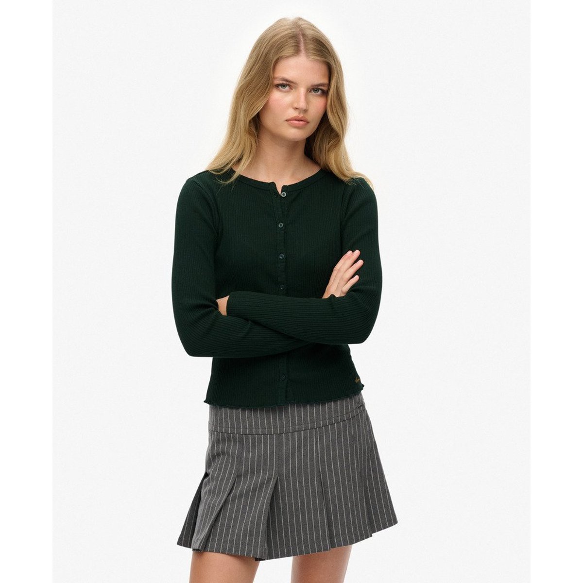 Cardigan Côtelé Athletic Essentials vert émail, SUPERDRY