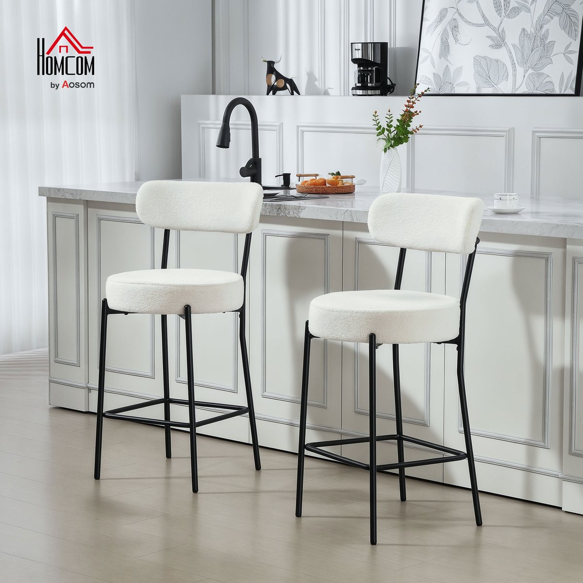 Tabouret de bar Tissu bouclette Crème crème, HOMCOM
