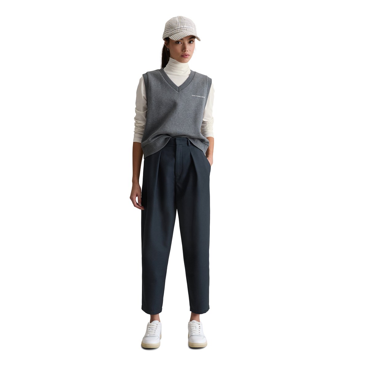 Pantalon de costume en sergé tapered en polyester recyclé avec viscose bleu foncé, MARC O’POLO DENIM