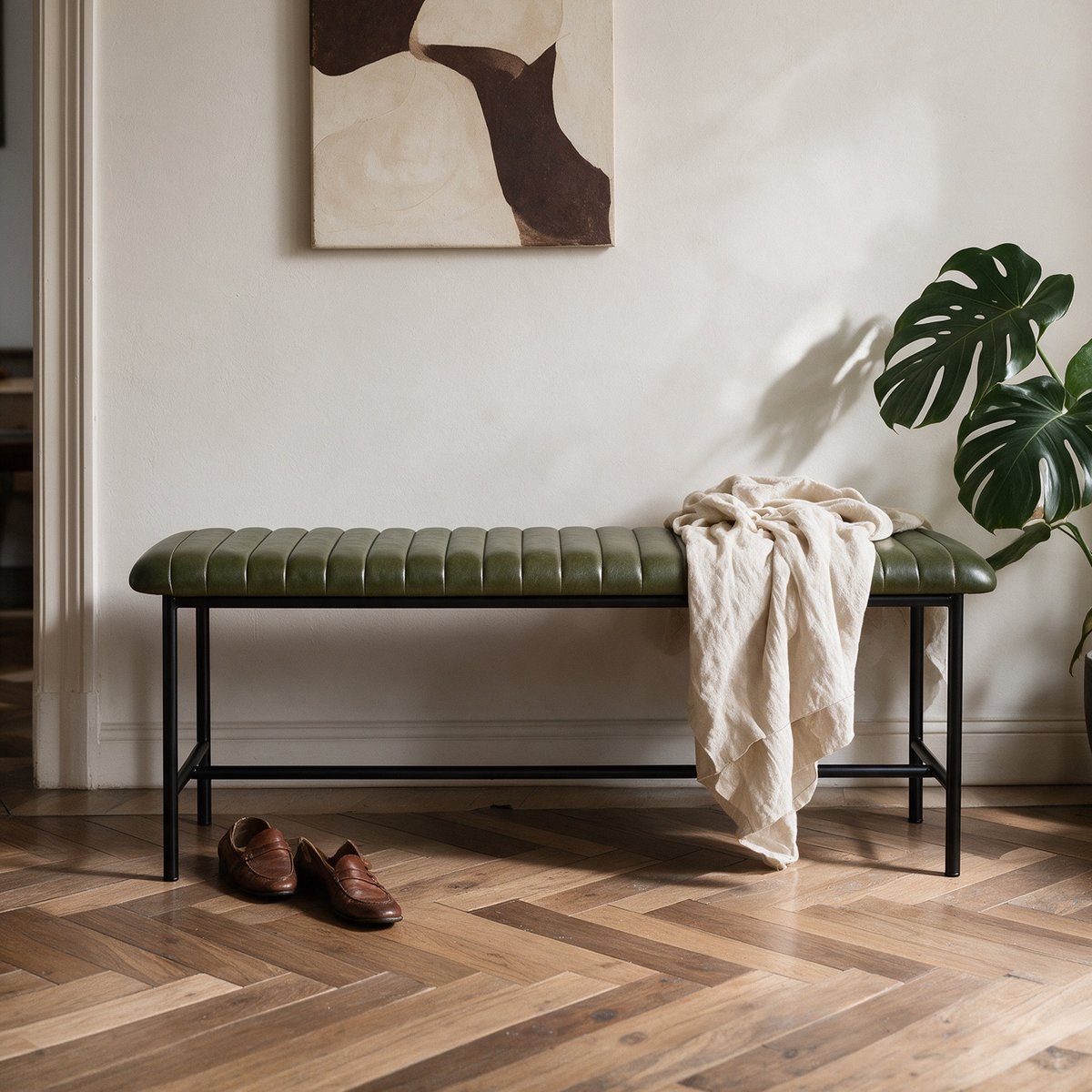 Banc 100 cm en cuir de buffle, pieds en métal - ÉMILE vert, MAISON PAVANE