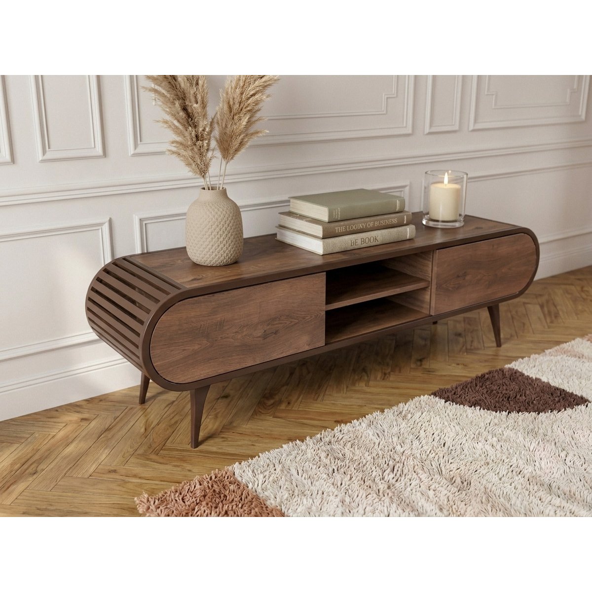 Meuble TV 180 cm mélaminé, BILLIE marron clair, BOBOCHIC