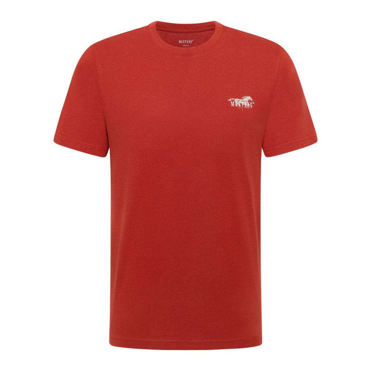 T-shirt en coton vert d'eau uni avec une coupe droite et un col rond rouge, MUSTANG