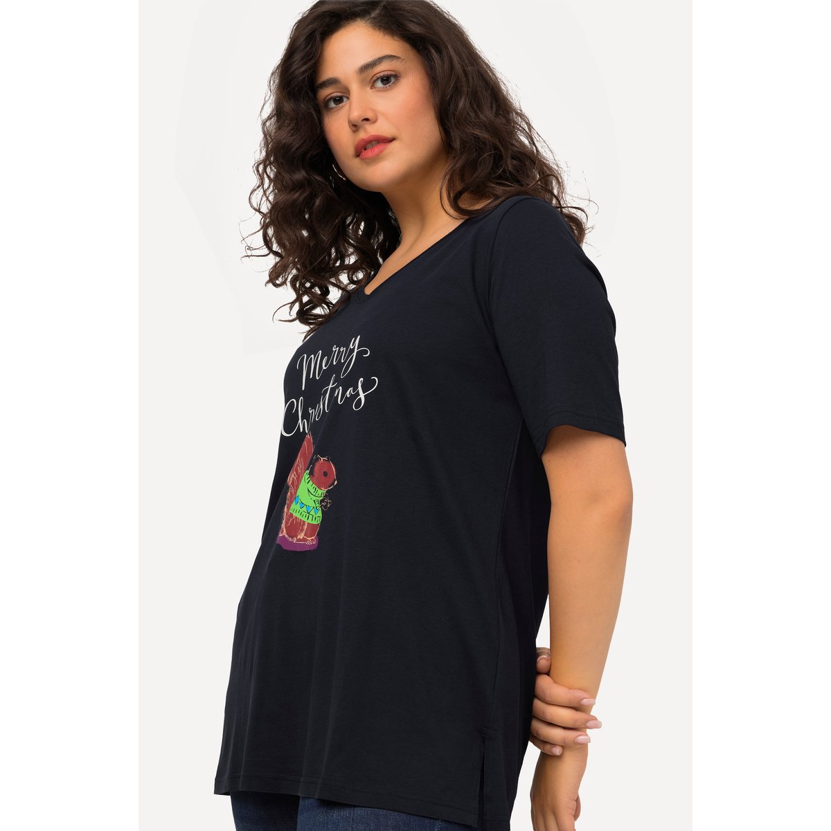 T-shirt de Noël à manches courtes et col V marine, ULLA POPKEN