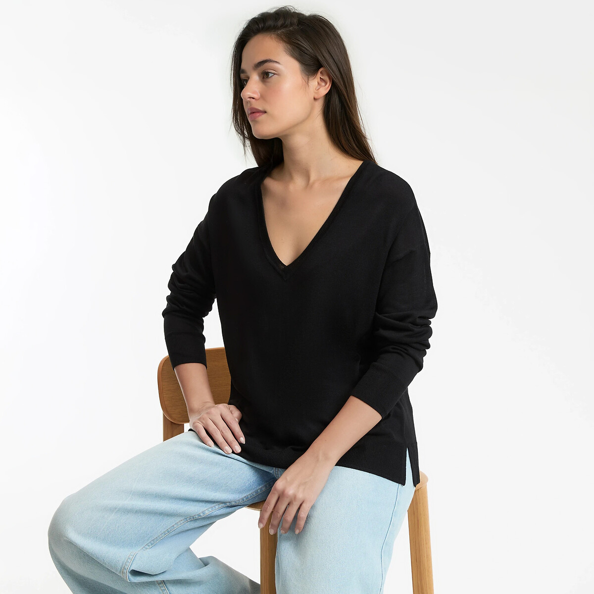 Fine Knit Jumper with V-Neck black, LA REDOUTE COLLECTIONS
