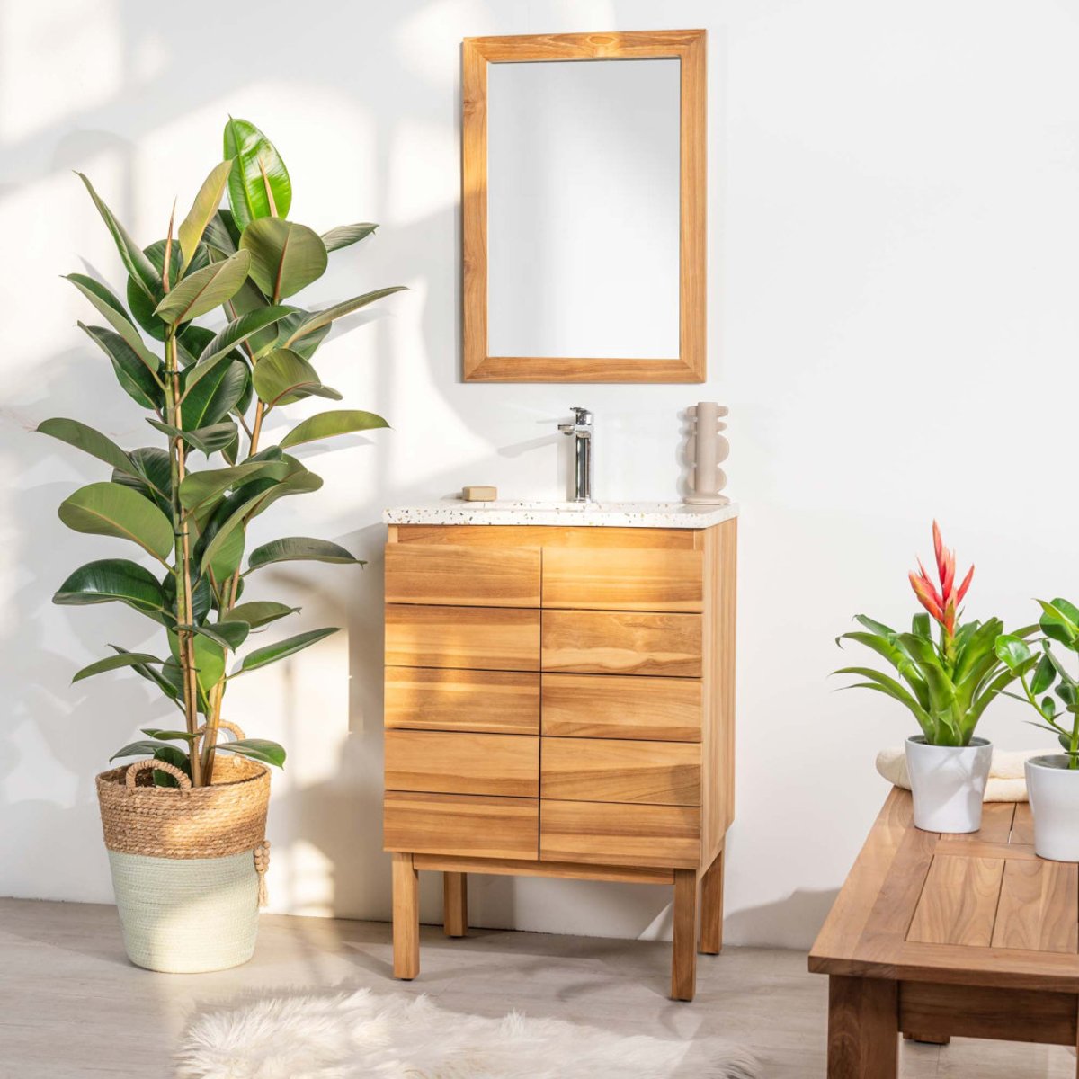Meuble salle de bain en teck et terrazzo crème Ananta 60cm crème, WANDA COLLECTION