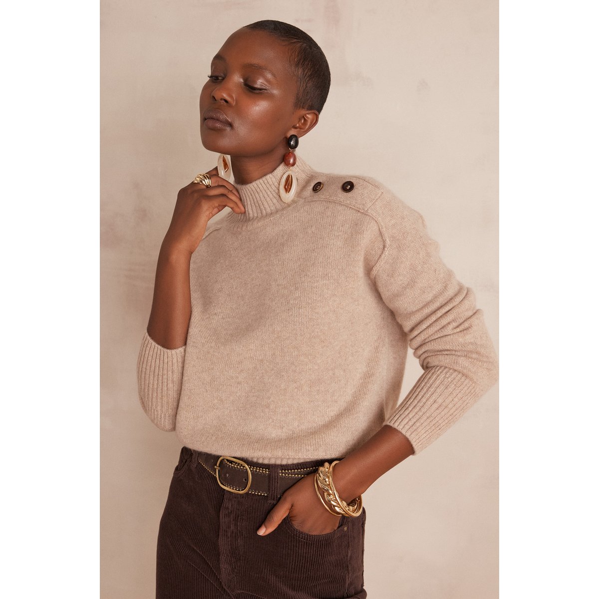 Pull col montant en 100% cachemire 4 fils BRADLEY taupe clair, Maison 123