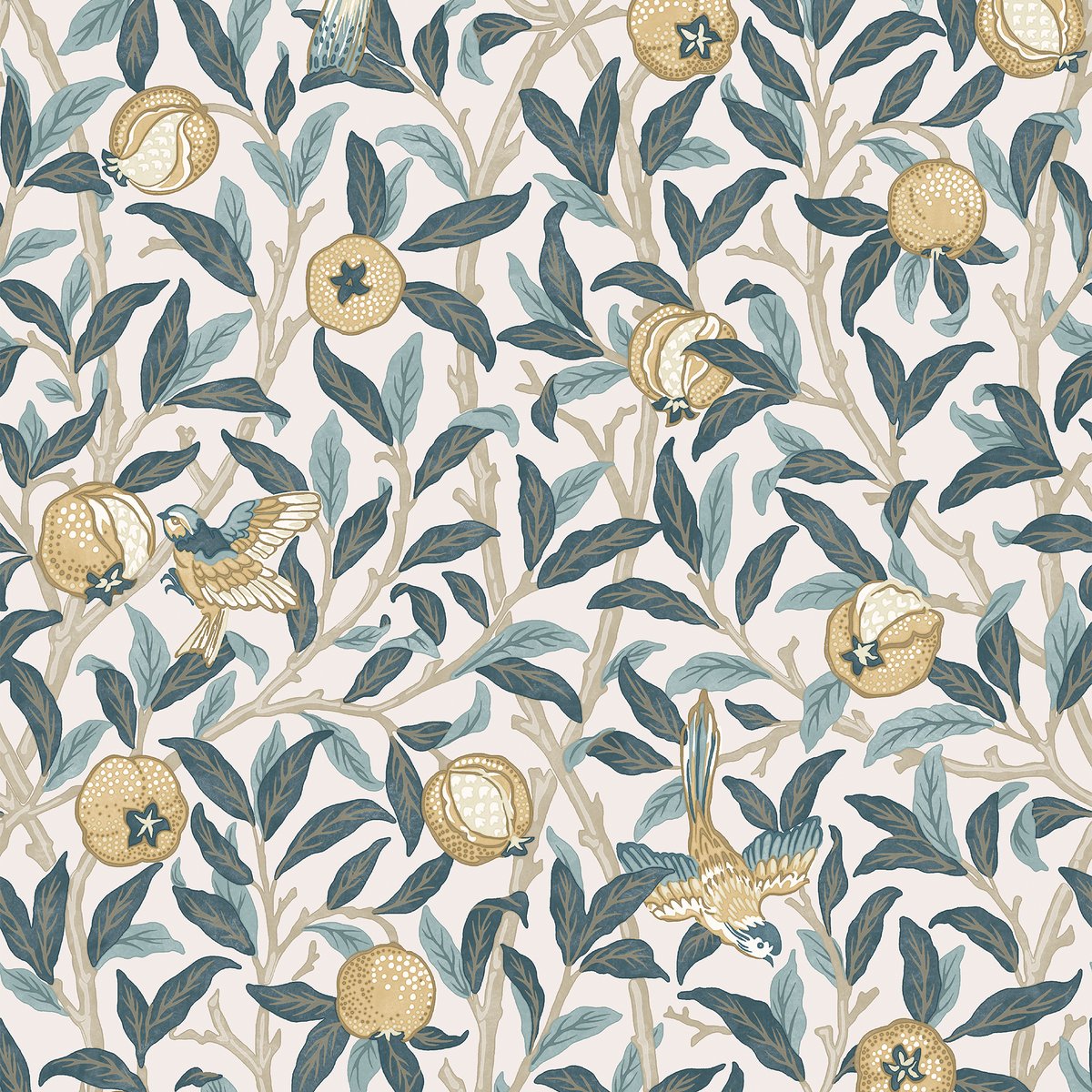 Papier peint Oiseaux et fleurs de grenadier du matin bleu sarcelle, ocre, WILLIAM MORRIS AT HOME