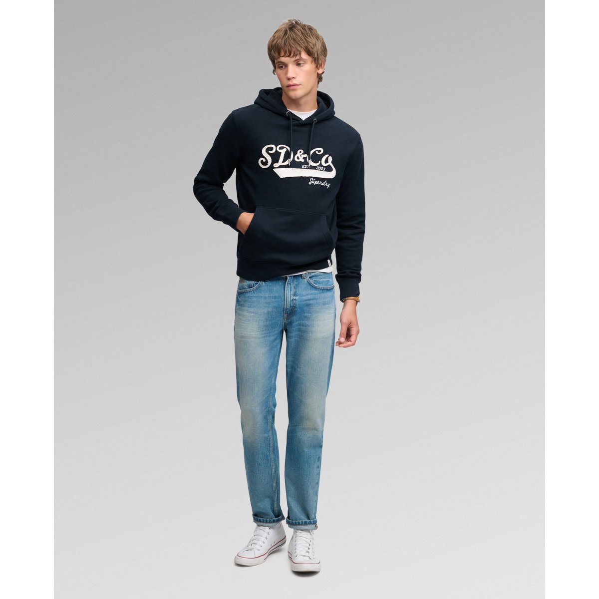 Sweat à capuche SD&Co Washed Embroidered coupe décontractée bleu marine éclipse, SUPERDRY