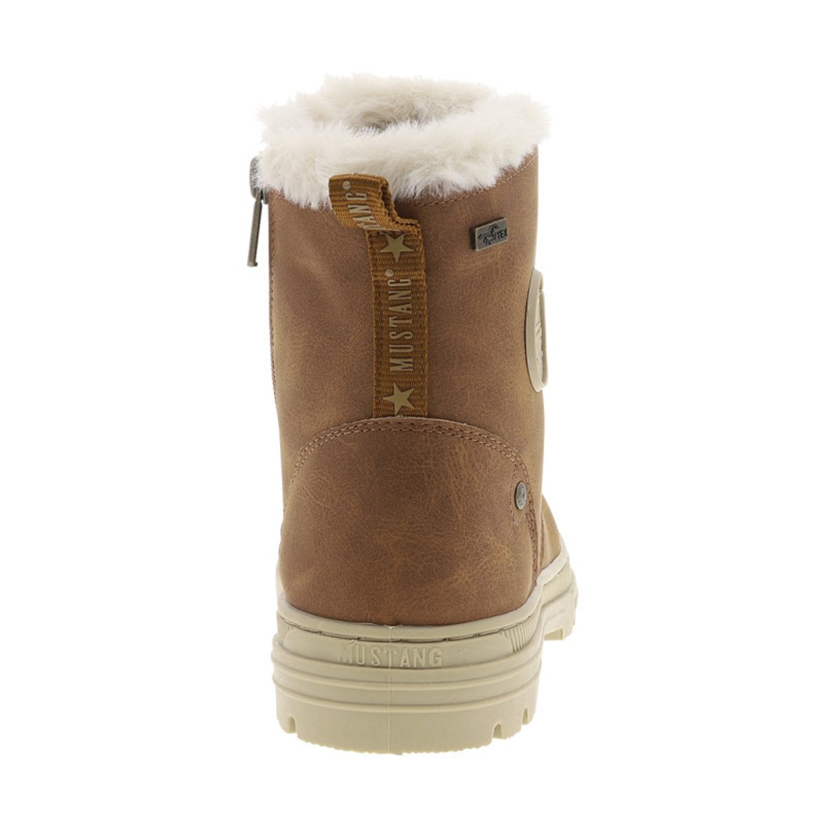 Bottines cognac à talon décroché bas avec des lacets plats et un zip cognac, MUSTANG