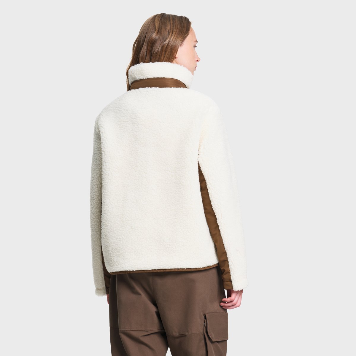 Veste sherpa laine boutonnée col montant détails nylon ivoire, AIGLE