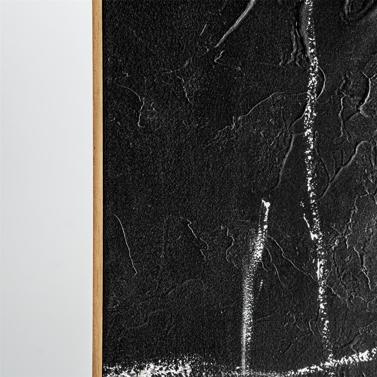 Tableau abstrait toile relief graphique noir, blanc et bois brun, RECOLLECTION