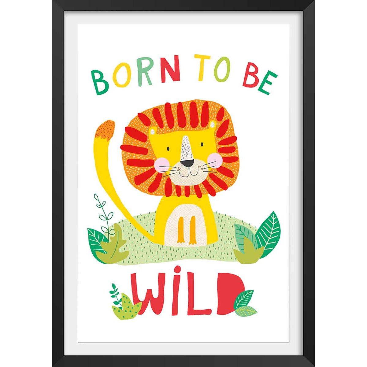 Affiche enfant lion born to be wild affiche + cadre en bois - noir, HEXOA