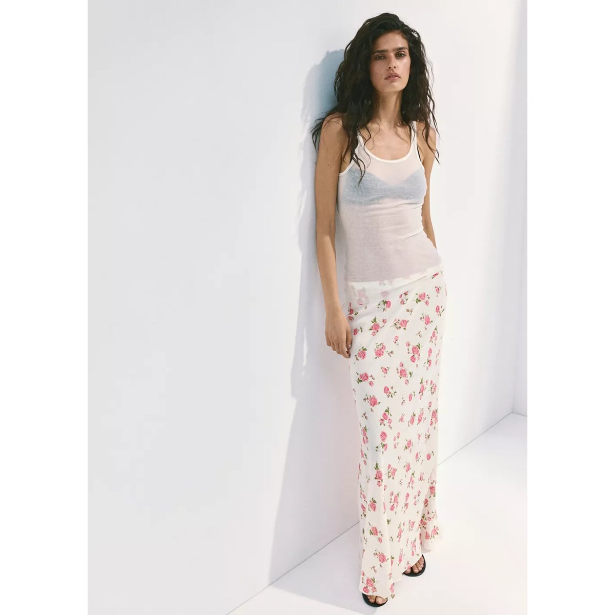 Jupe à imprimé floral maxi noir, MANGO