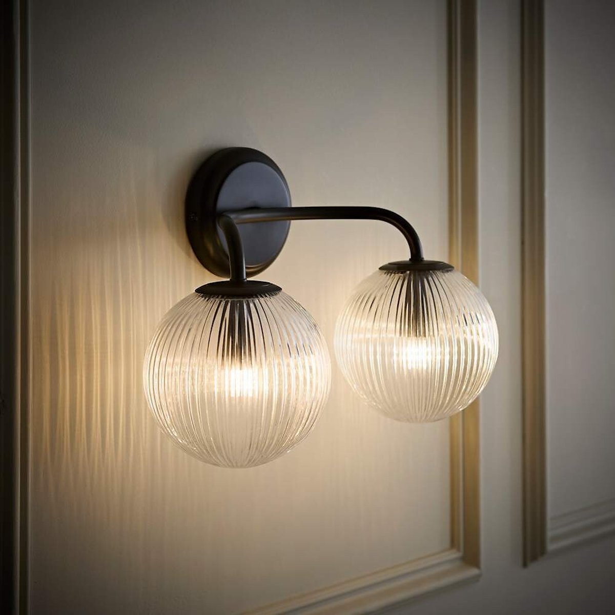 Kemp 2-Arm Wall Light with Ribbed Glass Globe Shade black, SO'HOME