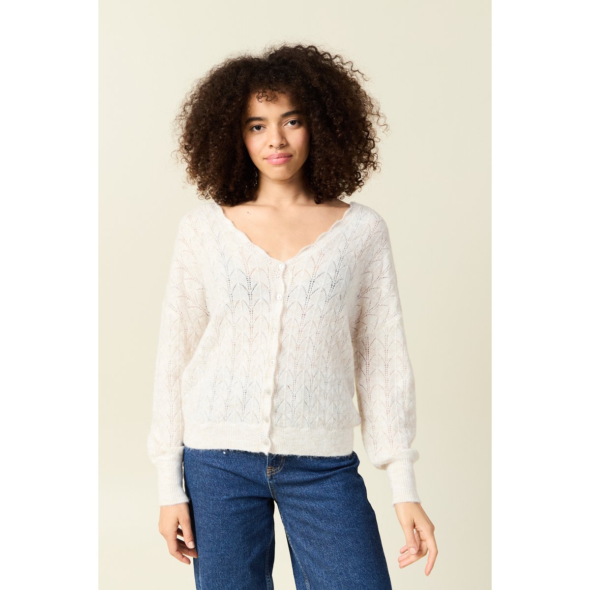 Gilet ajouré col V manches longues ecru, BONOBO