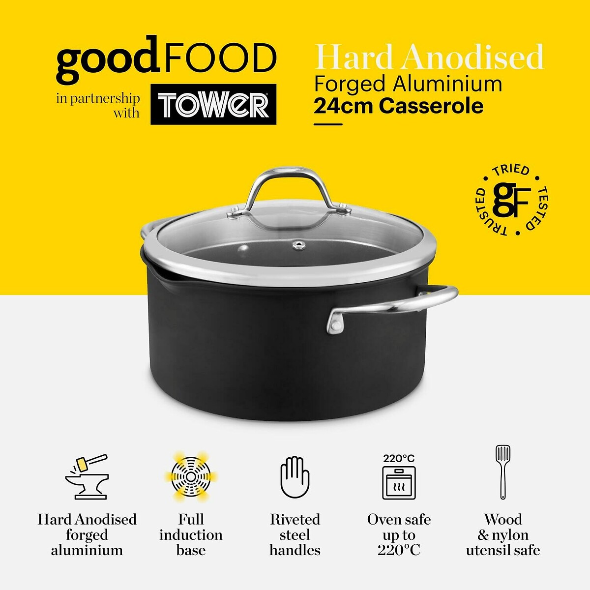 24cm Hard Anodized Casserole with Lid black, GOOD FOOD BY TOWER