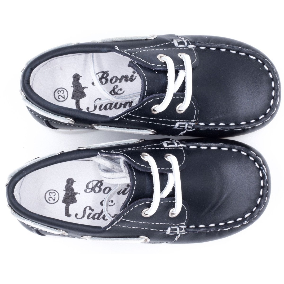 Chaussures bateau en cuir à lacets MINI BRIAC bleu marine, BONI&SIDONIE