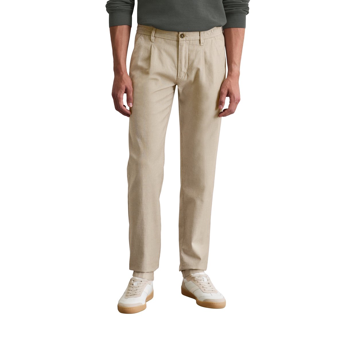 Chino modèle Stig Jogger pleats shaped en coton bio mélangé marron clair, MARC O'POLO