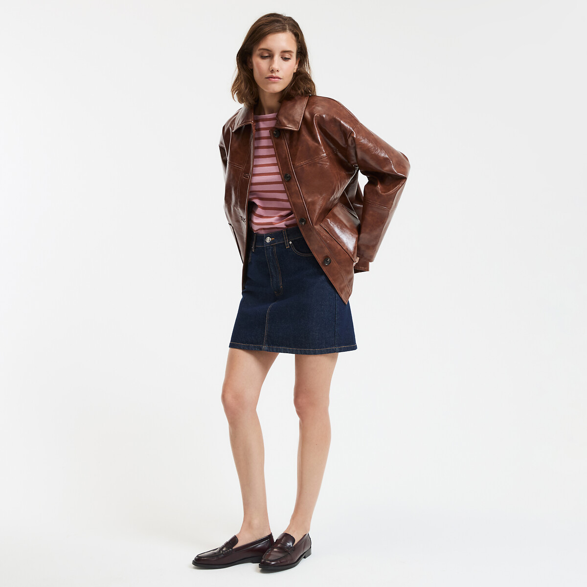 Mid-Length Buttoned Jacket in Faux Patent Leather brown, LA REDOUTE COLLECTIONS