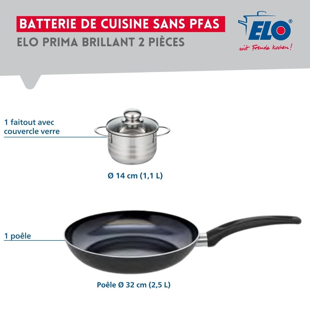 Batterie de cuisine 1 poêle 32cm + 1 faitout 14cm PRIMA BRILLANT noir, ELO