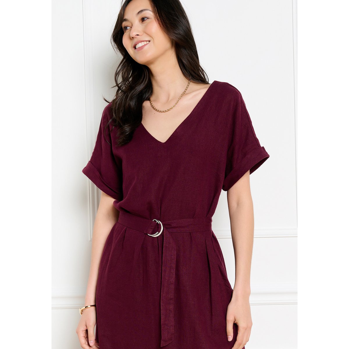 Robe midi ceinturée fluide aubergine, LOLALIZA
